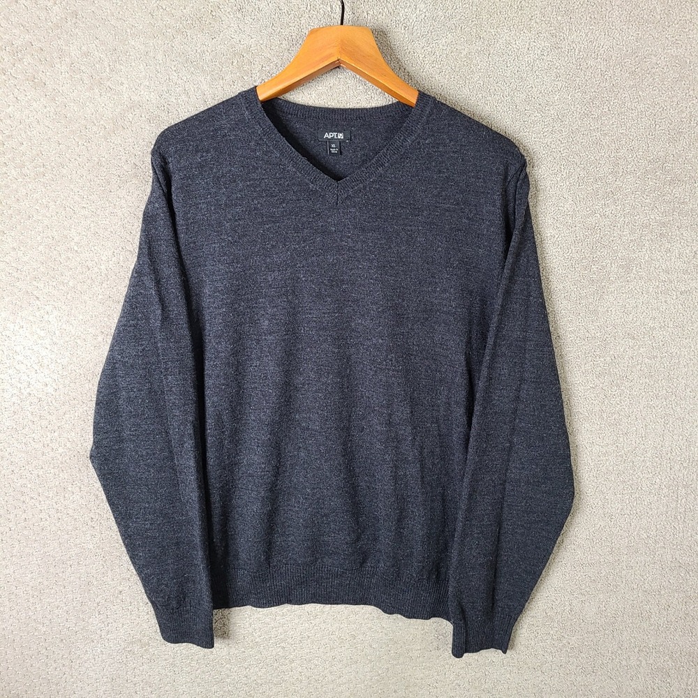 Apt 9 Sweater Mens XL Charcoal Gray V Neck Merino Wool Blend‎ Long Sleeve Casual